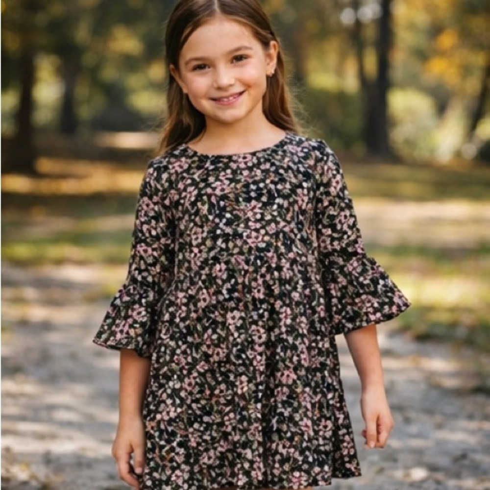 Girls Floral Dress‎ Size L Bell Sleeve Mini Multicolor Ruffle Casual Spring